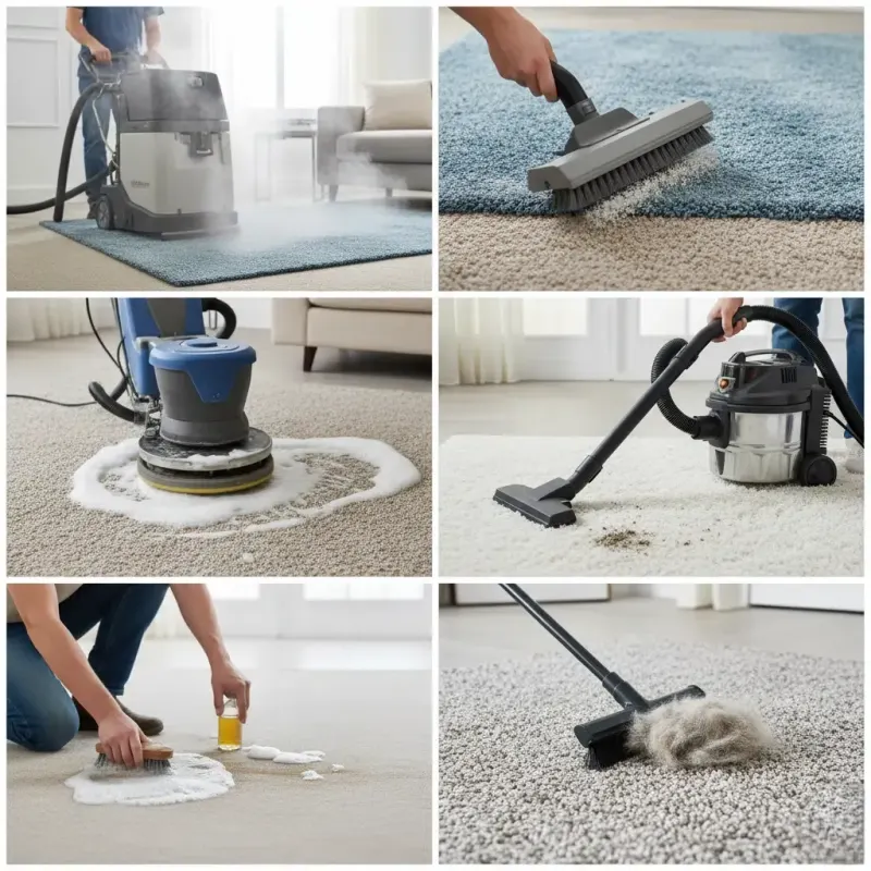 Collage of carpet cleaning techniques including steam cleaning, scrubbing, and vacuuming.