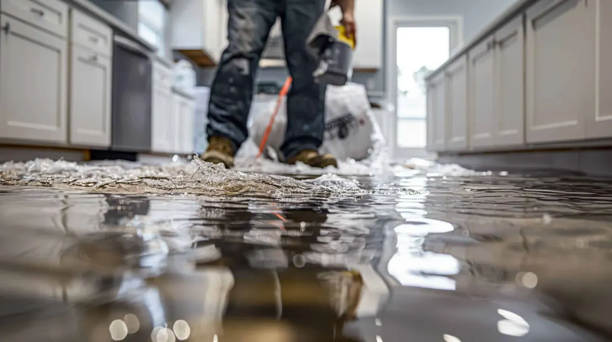A person stands in a flooded kitchen, holding a bucket and cleaning supplies.