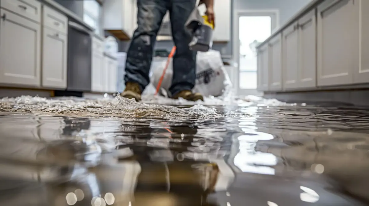 A person in work clothes stands in a flooded kitchen, holding a bucket.