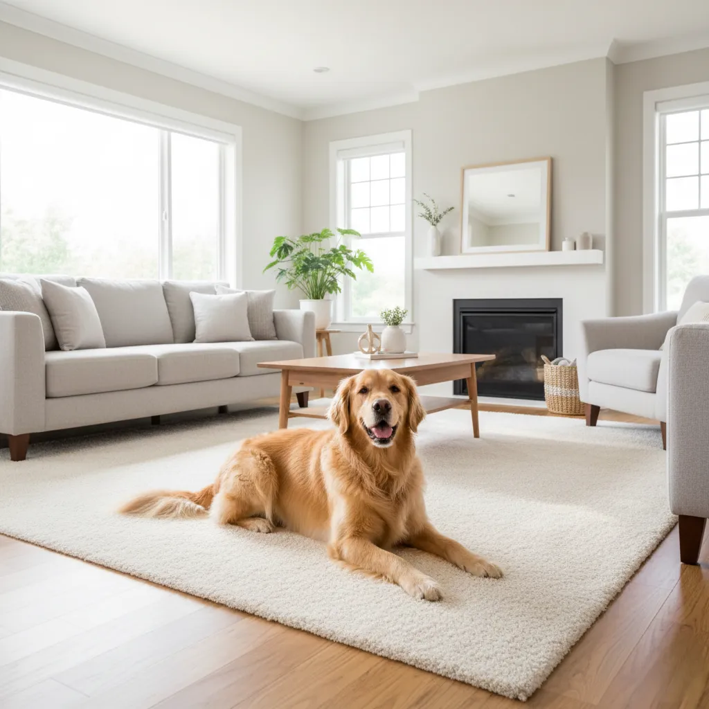A-clean-fresh-living-room-setting-showing-a-happy-pet-on-a-spotless-carpet