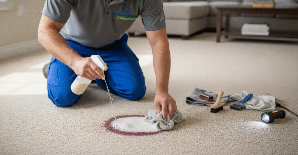 Technician-carefully-treating-a-carpet-stain-using-professional-tools