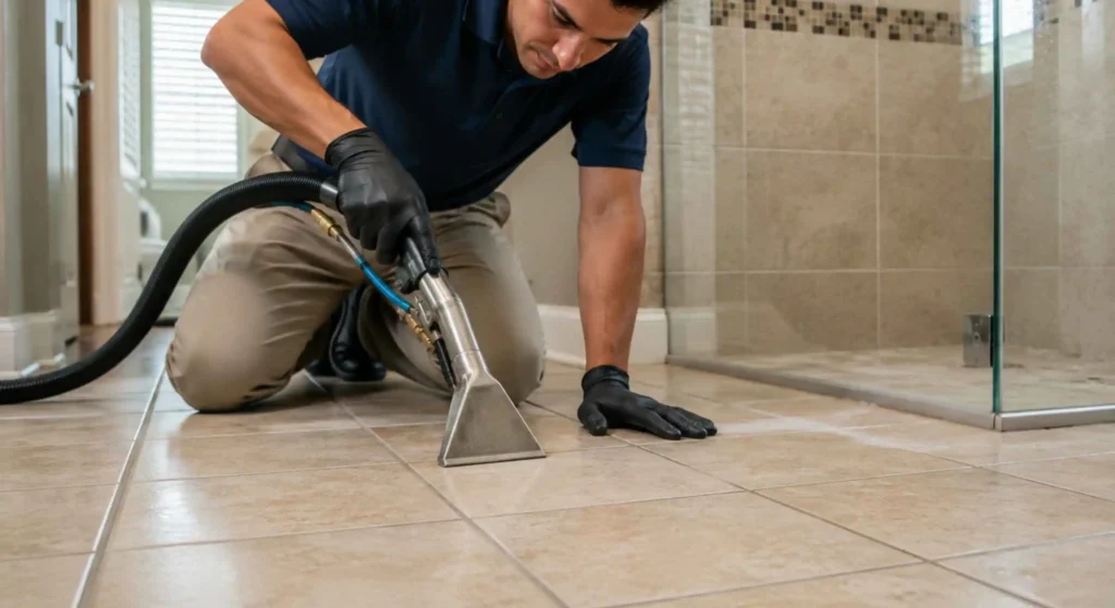 technician working on heavily discolored grout.